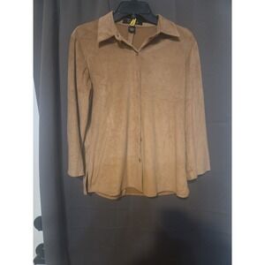 Parisian Signature Tan Button Up Blouse, Women's Small, Long Sleeve, Faux Suede